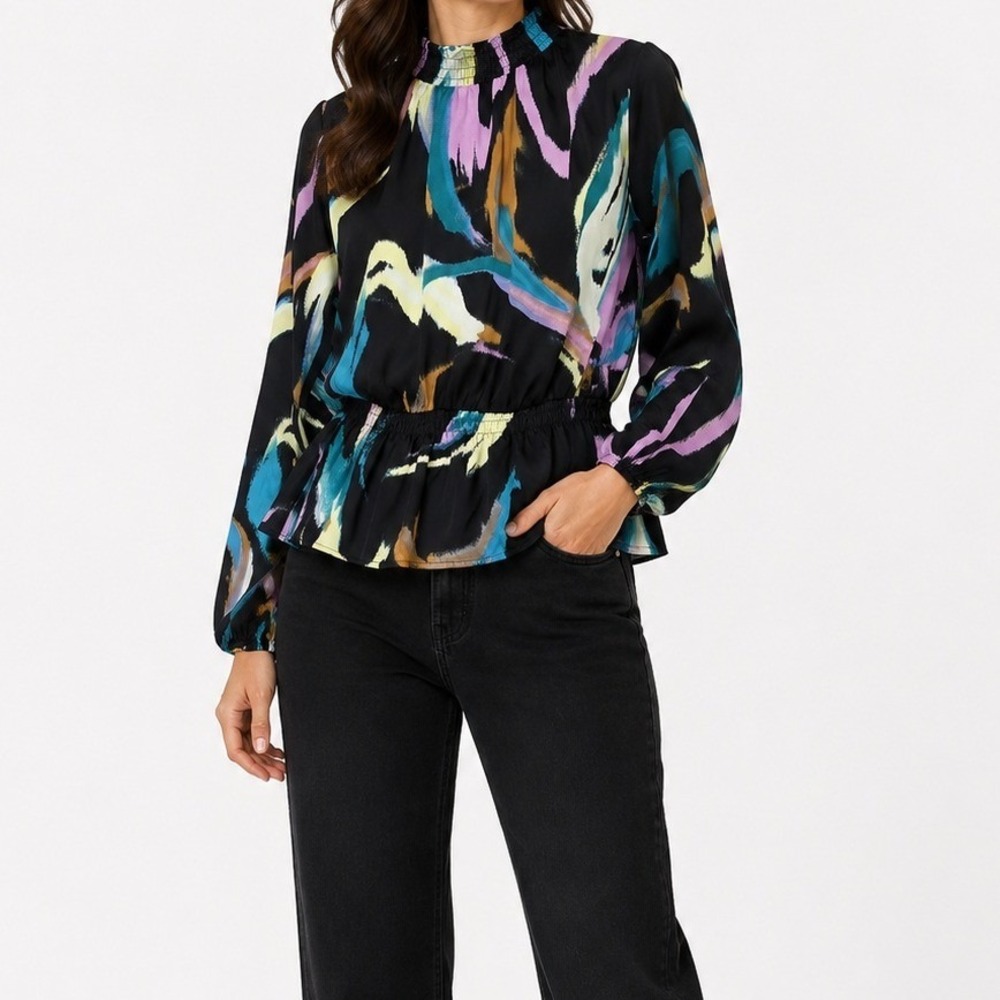 Nine West Abstract Print Blouse Women Size S Black Long Sleeve Peplum Casual